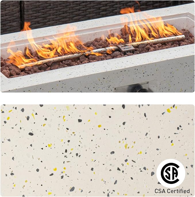 COSIEST 2-Piece Outdoor Propane Fire Pit Table Set w Tank Table, 42" Terrazzo Rectangle Fire Table (Certified, 50,000 BTU) w 16" Tank Cover Side Table, Wind Guard, Rain Cover for Garden, Pool