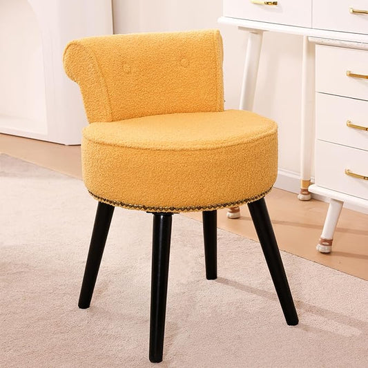 Vanity Chair with Back, Sherpa Stool with Tufted Backrest & Gold Nailhead Trim, Round Vanity Seat for Bedroom and Bathroom Makeup, Support 220lbs, Easy Assembly (Yellow)