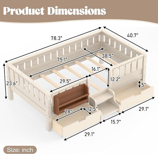 Bellemave Twin Bed with Storage Drawers & Bookshelf, Low Profile Kids Bed Frame with Staircase & Full Length Guardrails, Solid Wood Twin Bed for Kids with Slats Load 300LBS, Easy Assembly, Beige