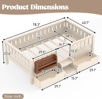 Bellemave Twin Size Kids Montessori Bed with Stairs and Bookshelf,Solid Wood Twin Size Kids Bed Frame with Drawers and Storage for Girls Boys,Low-Profile,Beige