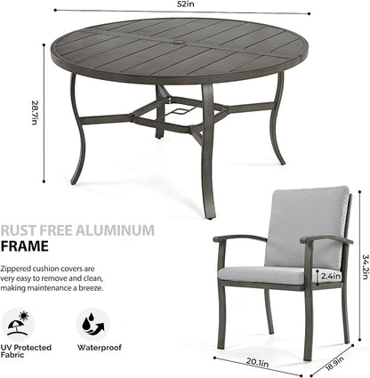 HAPPATIO Patio Dining Set, Aluminum Round Outdoor Dining Set for 6, 52" Round Dining Table with Umbrella Hole and 6 Chairs, Outdoor Table and Chairs with Removable Cushion for Lawn Yard Patio