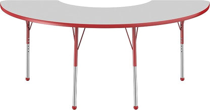 FDP Half Moon Activity School and Office Table (36 x 72 inch), Standard Legs with Ball Glides for Collaborative Seating Environments, Adjustable Height 19-30 inches - Gray Top and Red Edge
