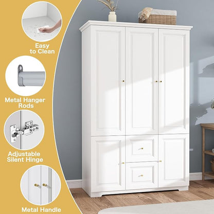 White Wardrobe with 2 Drawers: 74" Large Wardrobe Closet for Hanging Clothes, Tall Armoire Closet with 3 Doors, Bedroom Armoires with Hanging Rod (47")