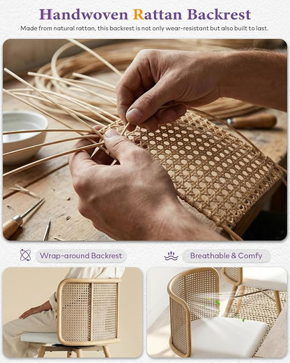 TYBOATLE Farmhouse Rattan Dining Chairs Set of 2 (Cream White) | Boho, Natural Cane Woven Back, Faux Leather Seat, Metal Legs, Upholstered, Kitchen, Dining Room