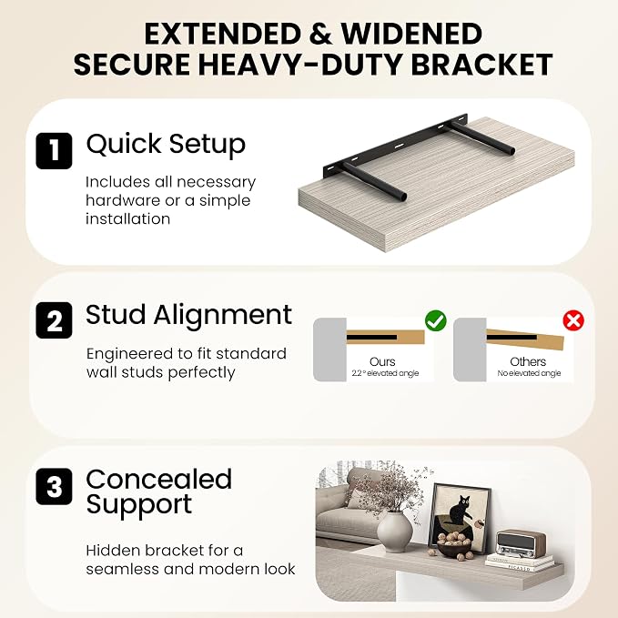 Fun Memories Floating Shelves - 2 Pack 12 Inch Deep Rustic Wooden Wall Shelves - Extra Deeper & Thicker Wall Mounted Storage Shelf for Living Room, Kitchen, Farmhouse - 24" W x 12" D x 1.5" H - Grey