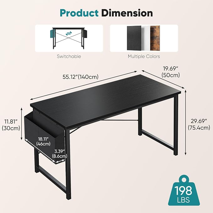 OLIXIS Computer Desk, 55 Inch Home Office Desks for Small Spaces, Writing Craft Study Gaming Table for Bedroom, Modern Computer Workstation with Storage Bag, Black