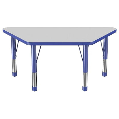 FDP Trapezoid Activity School and Classroom Kids Table (24 x 48 inch), Chunky Toddler Legs for Collaborative Seating Environments, Adjustable Height 15-24 inches - Gray Top and Blue Edge