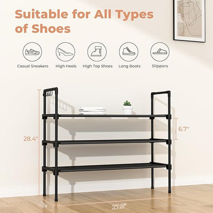 LANTEFUL 3 Tier Shoe Rack for Closet, Shoe Organizer with 5 Hooks, Long Shoe Shelf Storage for Sneaker and Boot Stackable Free Standing Shoe Rack for Entryway, Garage, Small Spaces, Dorm (Pack of 2)