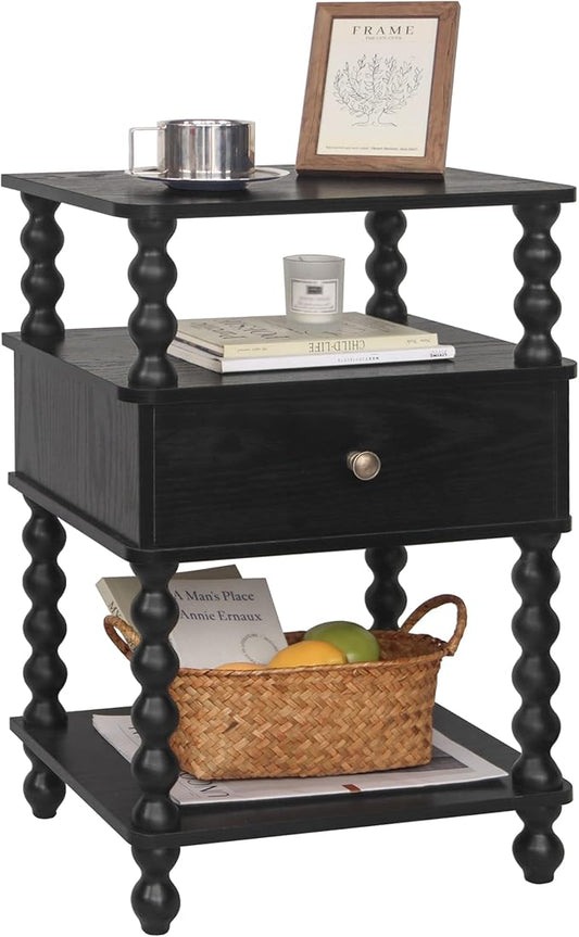 AWASEN Black Nightstand, Bed Side Table Bedroom with Drawer, 3-Tier Small Night Stand End Table with Storage for Small Spaces &Solid Wood Spindle Legs, Black