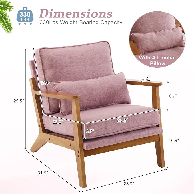 VINGLI Solid Wood Wide Armrests Accent Chair Set of 2,Upholstered Mid Century Modern Chair with Pillow,Farmhouse Arm Chair Comfy Chair,Chairs Living Room,Bedroom,Guest Room,Linen Fabric,Peachy Red