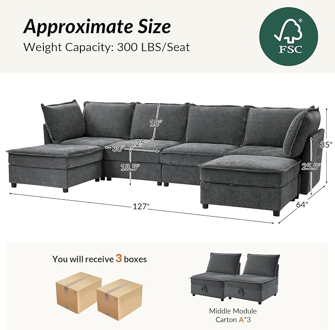 HULALA HOME 127'' Modular Sectional Sofa, Oversized U Shaped Couch with Storage Ottoman, Comfy Chenille Sofa with Deep Seat, 6 Seat Convertible Couches for Living Room, Grey