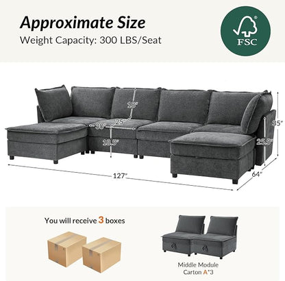 HULALA HOME 127'' Modular Sectional Sofa, Oversized U Shaped Couch with Storage Ottoman, Comfy Chenille Sofa with Deep Seat, 6 Seat Convertible Couches for Living Room, Grey