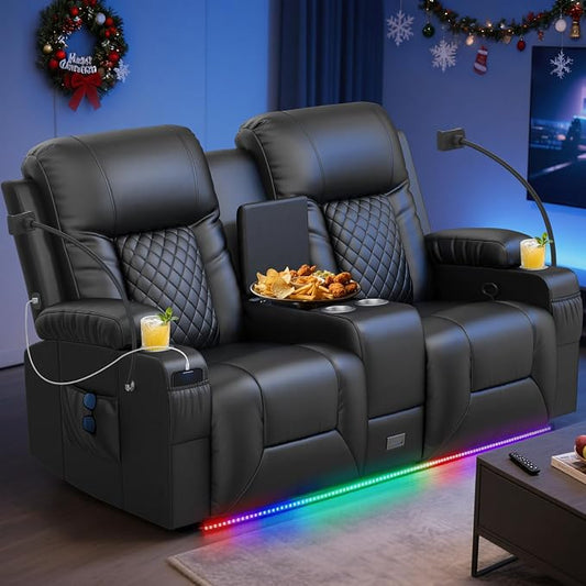 Loveseat Recliner Sofa, Home Theater Seating with Center Console, Reclining Loveseat RV Couch with USB Ports & Phone Holders, Wall Hugger RV Sofa Furniture with Storage & Pocket
