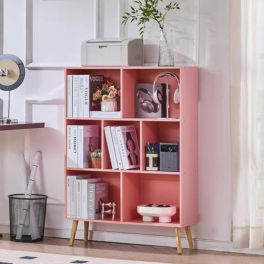 LEYAOYAO Cube Bookshelf 3 Tier Mid-Century Light Pink Modern Bookcase with Legs,Retro Wood Bookshelves Storage Organizer Shelf,Freestanding Open Book Shelves for Bedroom,Living Room,Office