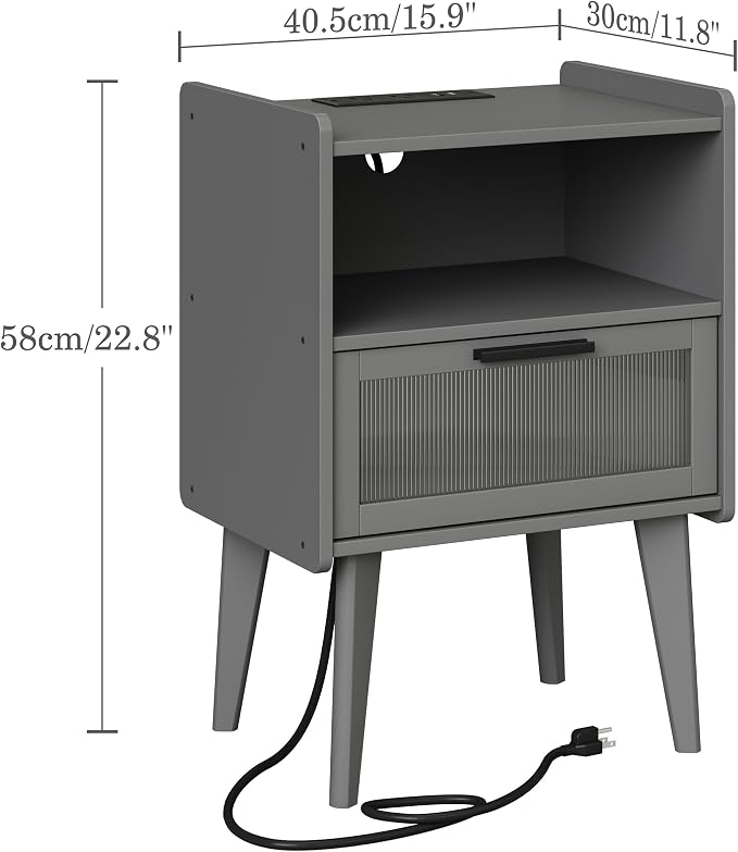 MMEOLUOOK Nightstand with Charging Station, Bedside Tables Grey End Table Side Table with 2 Tiers Storage Space, for Bedroom Living Room CAMLBZ07ZE