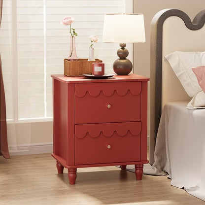 Anbuy Red Nightstand Set of 2 with Petal Pattern, Modern Night Stand Set 2 with 2 Drawers for Bedroom, Side End Table Scalloped Bedside Night Tables with Solid Wood Legs