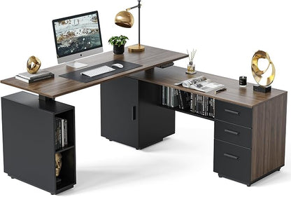FEZIBO 63" L Shaped Standing Desk with Storage, Executive Height Adjustable Table, Deep Wood Grainy