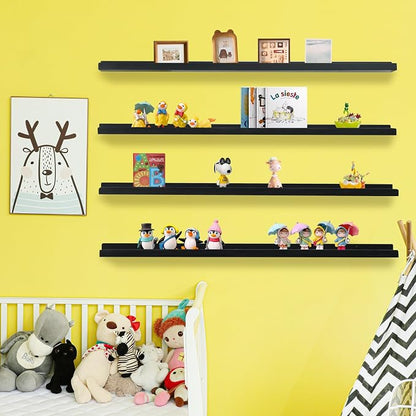 Long Floating Shelves for Wall 47 Inch,Real Wood Picture Ledge Shelf with Lip Set of 4,Photo Frame Storage Display for Living Room Nursery Bedroom Bathroom Kitchen Home Office Decor (Black)