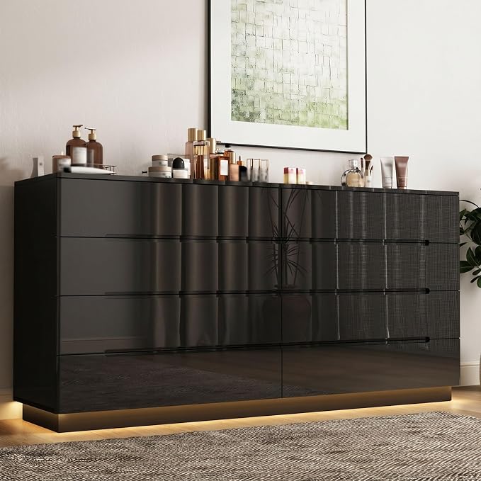 Modern High Gloss Dresser with LED Lights, 8 Drawer Dresser for Bedroom, Bottom Warm Lights, Handle-Free Design, 63" Contemporary Chest of Drawers Black 63" W x 15.7" D x 30.9" H