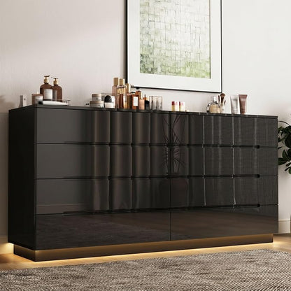 Modern High Gloss Dresser with LED Lights, 8 Drawer Dresser for Bedroom, Bottom Warm Lights, Handle-Free Design, 63" Contemporary Chest of Drawers Black 63" W x 15.7" D x 30.9" H