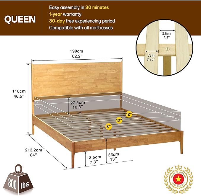 Acacia Haven Queen Bed Frame and Headboard, Solid Wood Platform Bed Frame Scandinavian Compatible with All Mattress Types, Wood Slats Support 800lbs Capacity, Quick & Easy Assembly, Natural Oak
