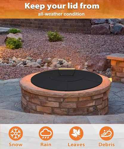 24" Wooden-Handle Fire Pit Lid for Pits up to 22", Round Metal Bonfire Pit Burner Pan Cover, Smokeless Fire Pit Cover for Fire Tables, All-Weather Resistance Outdoor Firepit Accessory