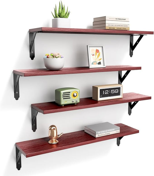 ROMGUAR CRAFT Wood Floating Shelves Set of 4, Rustic Storage Decor Wall Shelves, Wall Mounted Shelf for Living Room, Bedroom 23.6" x 6", Red