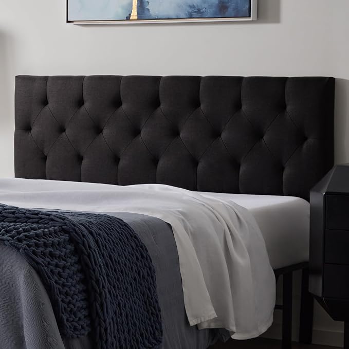 Lucid Mid-Rise Upholstered Headboard - Diamond Tufted - Padded Polyester - Adjustable Height from 34” to 46” - Easy Assembly - Bed Frame or Wall Mount - Sturdy - Black - Full / Full XL Size