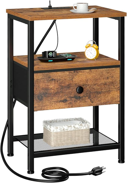 LOAKEKEL Night Stand, Nightstand with Charging Station, Slim Industrial Bedside Table with Fabric Drawer, Small End Table with USB & Type-C Ports for Bedroom, Brown, HETS010BR-1