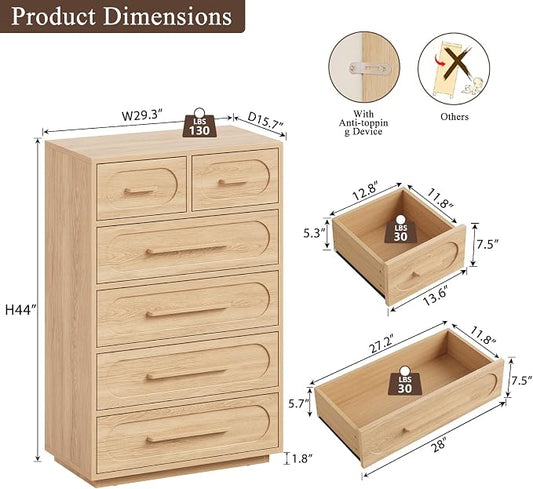 6 Drawer Dresser for Bedroom, 44" Tall Modern Chest of Drawers with Solid Wood Handle, Large Wood Storage Dresser Organizer for Bedroom, Living Room, Natural Oak