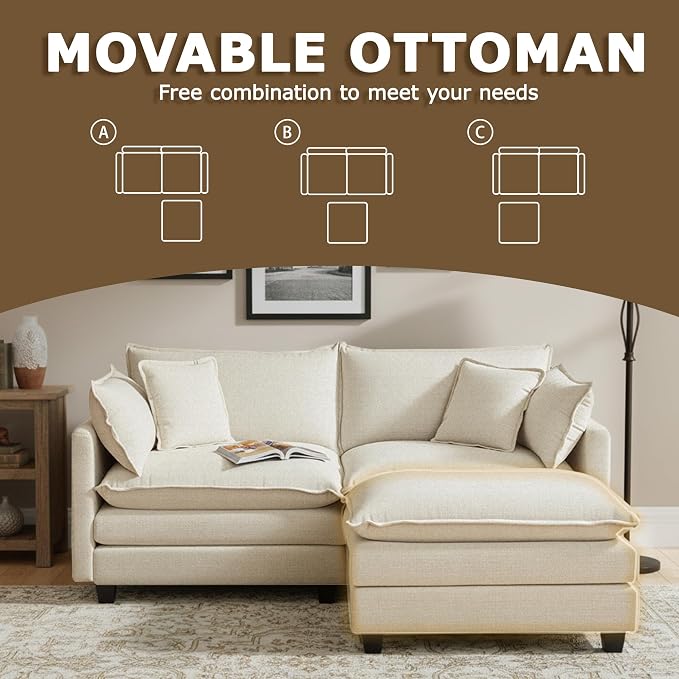 78” Modular Sectional Sofa, L Shaped Cloud Couch with Movable Ottoman, Comfy Chenille Deep Seat Sofa with Throw Pillows, 3 Seat Modern Couches for Living Room Bedroom Apartment, Beige