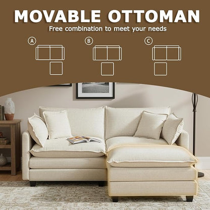 78” Modular Sectional Sofa, L Shaped Cloud Couch with Movable Ottoman, Comfy Chenille Deep Seat Sofa with Throw Pillows, 3 Seat Modern Couches for Living Room Bedroom Apartment, Beige