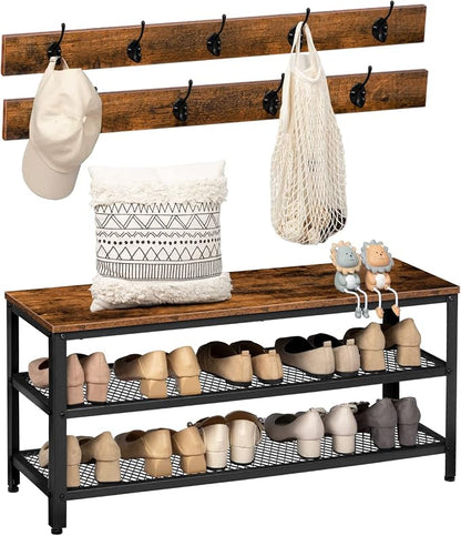 HOOBRO Hall Tree Entryway Storage Bench, Coat Rack Shoe Bench, Shoe Rack Organizer with Coat Hooks, 3-in-1 Design, Wooden Furniture with Metal Frame, Rustic Brown and Black BF171MT01
