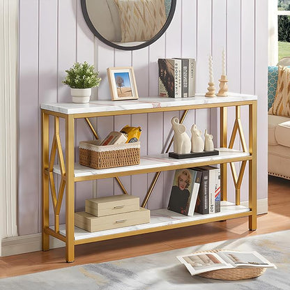 HOMISSUE Sofa Console Table, Rustic Console Table with 3-Tier Storage, Engineered Wood Sofa Tables with Open Shelves, Heavy Duty Entryway Tables for Living Room, Hallway (47 Inch, Gold)