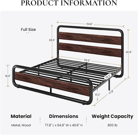 SHA CERLIN Full Size Metal Bed Frame with Wooden Headboard and Footboard, Heavy Duty Oval-Shaped Platform Bed Frame with 10" Under-Bed Storage, Noise Free, No Box Spring Needed, Mahogany
