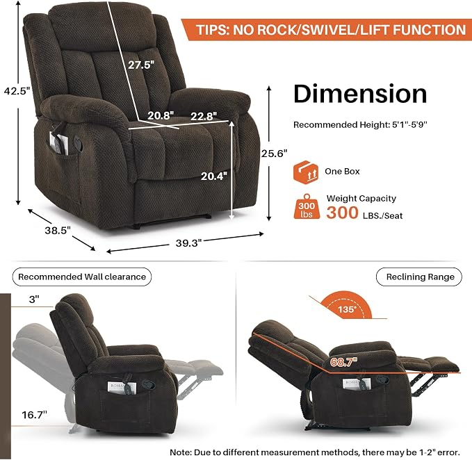 Massage Recliner Chair with Heat, Velvet Recliner Chairs for Adults, 39" Wide Manual Reclining Ergonomic Lounge Chair, Overstuffed Wall Hugger Recliners for Living Room, Chocolate Brown