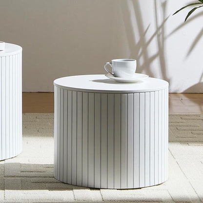 Nesting Coffee Tables Set of 2, Wooden Round Fluted Coffee Tables with Storage, Accent Drum Side Table, Luxury Modern Circle End Table for Small Spaces Living Room Bedroom Balcony Office, White