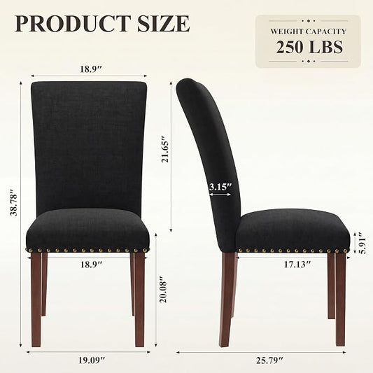MALOL Dining Chairs Set of 2, High Back Dining Chair with Wood Legs and Nailhead Trim, Modern Padded Kitchen Room Chairs for Dining Room/Restaurant, Black