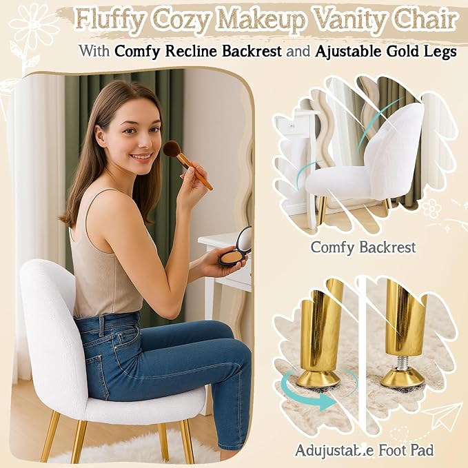 VINGLI Fluffy Girls Vanity Chair with Back & Pillow,Cute Small Cozy Desk Chair No Wheels,Comfy Makeup Ch with Ajustable Gold Legs,for Bedroom,Living Room,Small Space,White