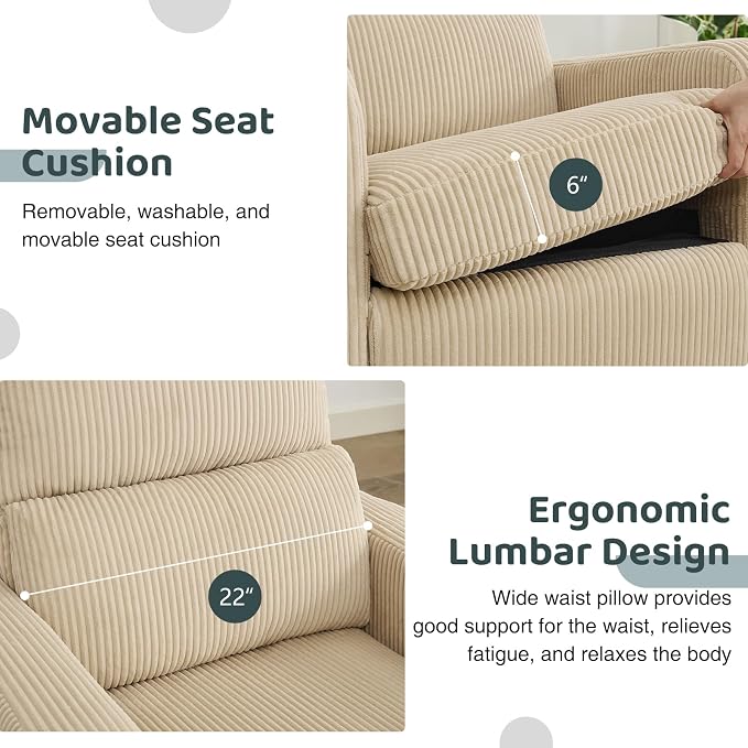 Swivel Rocker Recliner, Oversized Power Recliner Nursery Glider with Removable Cushion, Upholstered Corduroy Swivel Reclining Chairs for Nursery Living Room Bedroom, Camel