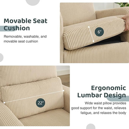 Swivel Rocker Recliner, Oversized Power Recliner Nursery Glider with Removable Cushion, Upholstered Corduroy Swivel Reclining Chairs for Nursery Living Room Bedroom, Camel