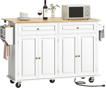 Hlivelood 59.1" Movable Kitchen Island with Drop Leaf and Power Outlet, Rolling Island Cart w/Storage Cabinet, Island Table on Wheels for Kitchen w/2 Drawers, Spice Rack, Towel Bar, Garage Hook, White