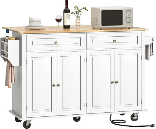 Hlivelood 59.1" Movable Kitchen Island with Drop Leaf and Power Outlet, Rolling Island Cart w/Storage Cabinet, Island Table on Wheels for Kitchen w/2 Drawers, Spice Rack, Towel Bar, Garage Hook, White