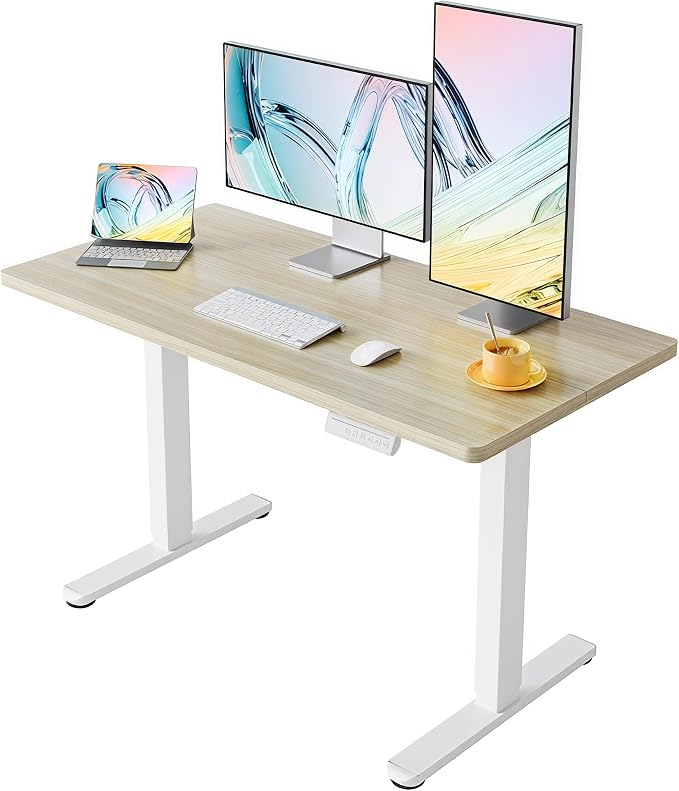 HUANUO 40x24 Inch Electric Standing Desk, Height Adjustable, Light Walnut | Smooth Home Office Desk, 176lbs Capacity with 4 Memory Presets & Headphone Hooks. Easy to assemble Computer Gaming desk