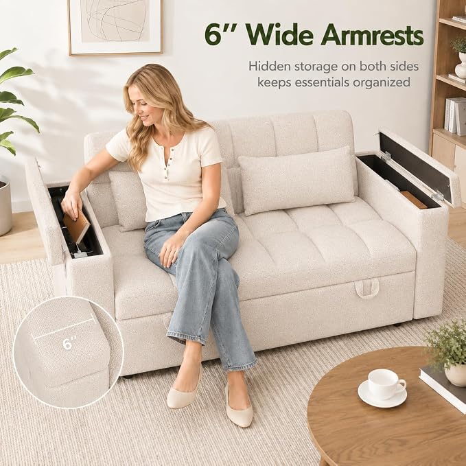 65'' Sleeper Sofa Bed, Pull Out Couch with Side Table | USB Charging Port | Adjustable Backrest | Chenille Fabric, Convertible Loveseat for Living Room, Apartment, Small Spaces (Beige)