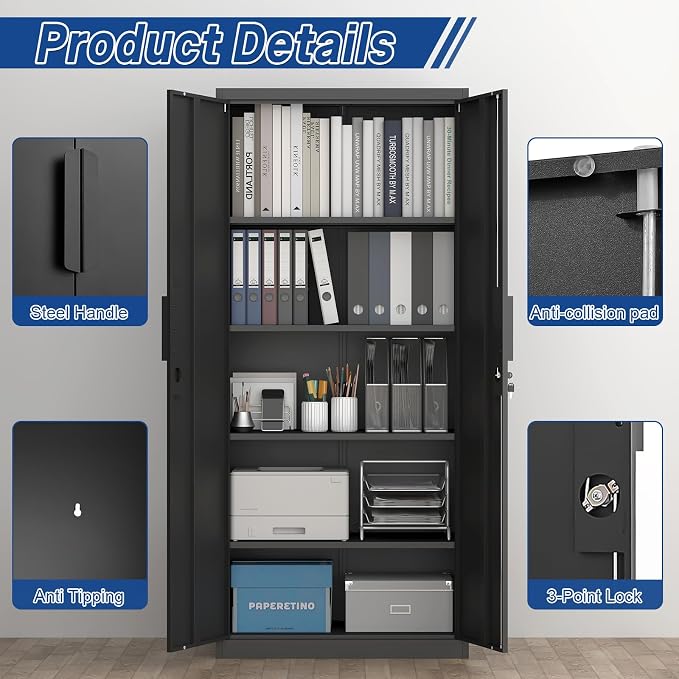71" H Locking Cabinets, 16.5'' Deep Metal Garage Storage Cabinet with Doors and Shelves, Balck Cabinets for Garage, Kitchen, Office