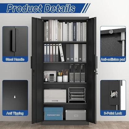 71" H Locking Cabinets, 16.5'' Deep Metal Garage Storage Cabinet with Doors and Shelves, Balck Cabinets for Garage, Kitchen, Office