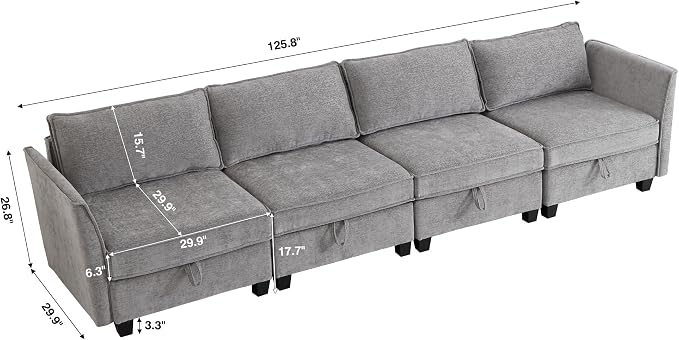 Modular Sectional Sofa, Convertible Couch with Storage, 4 Seater Sofa Modular with Reversible Chaise for Living Room, Office (Grey)