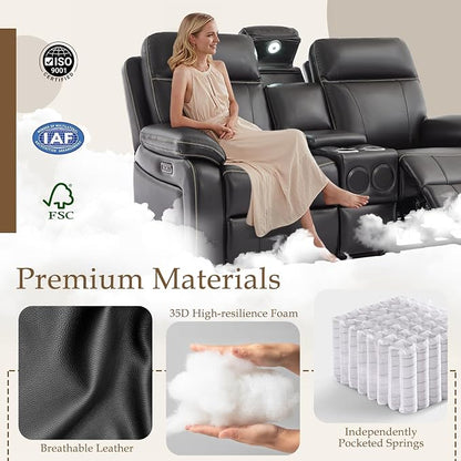 Power Reclining Loveseat with LED Reading Light/Storage Drawer, Power Loveseat Recliner Sofa, Reclining Loveseat with Bluetooth Speakers/Outlets/Breathing Leather (Brown, 2 Seat with Console)
