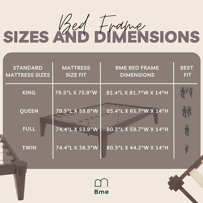 Bme Chalipa 14” King Bed Frame - Solid Wood Platform Bed - Japanese Joinery Bed Frame - Wood Slat Support - No Box Spring Needed - Easy Assembly - Minimalist & Modern Style, Walnut